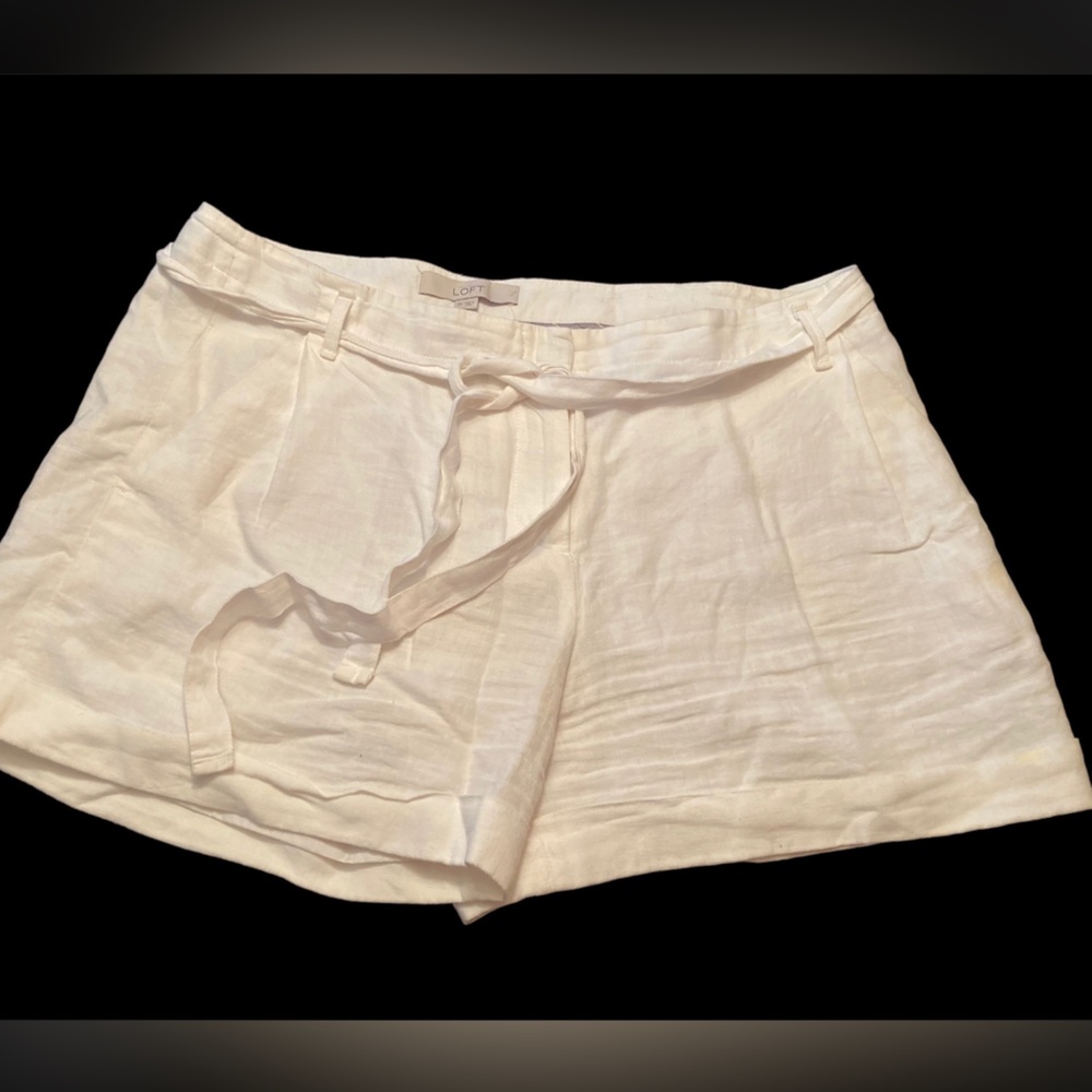 LOFT white linen shorts with tie belt